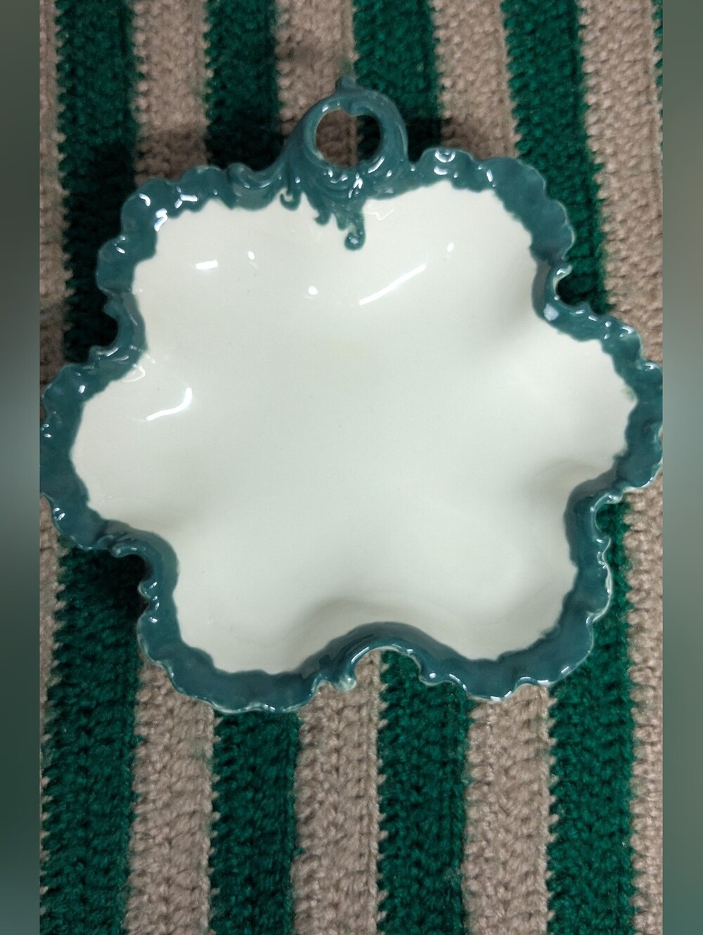 Unique vintage decorative Scalloped Ceramic Dish in green and White